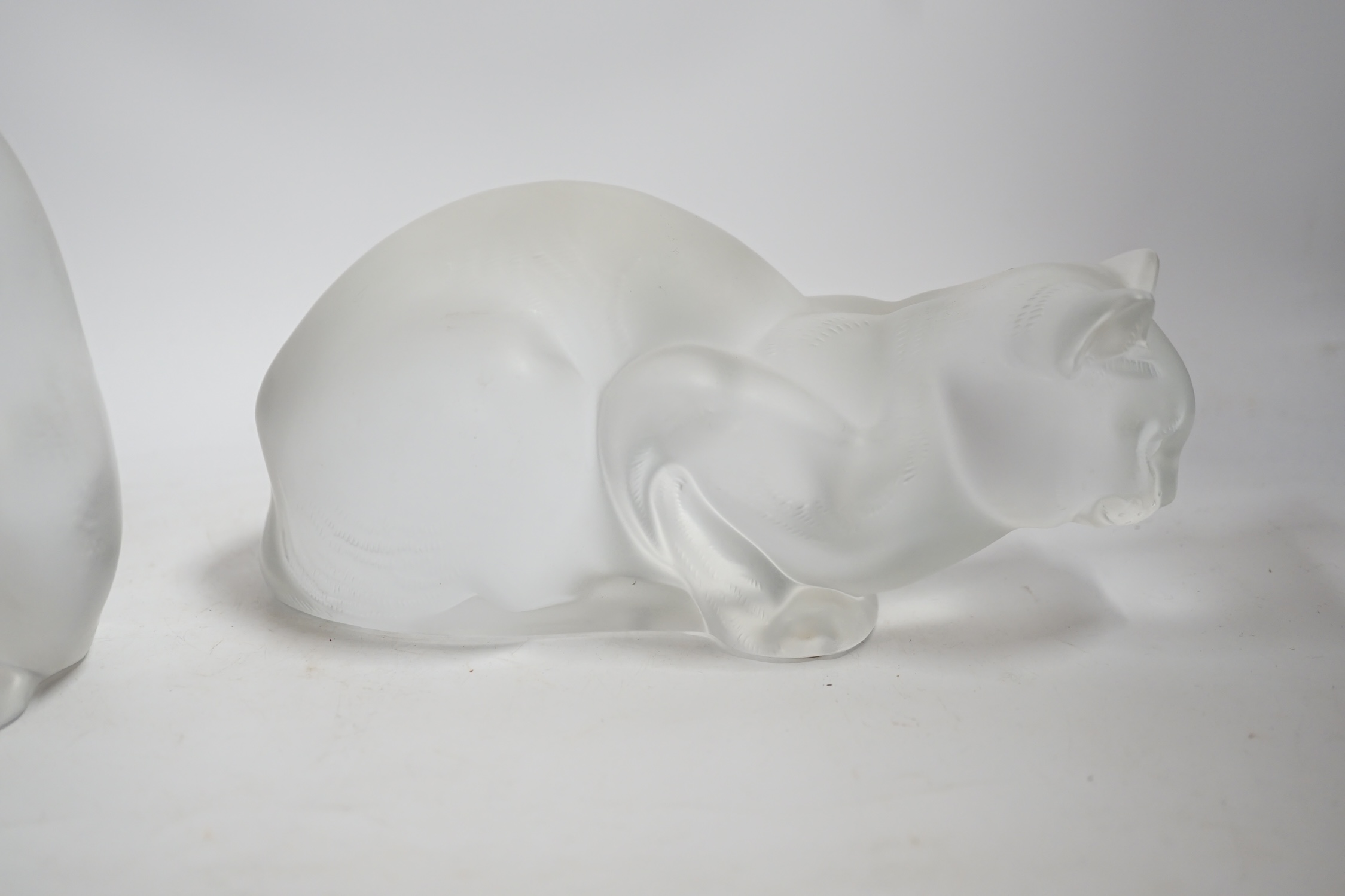 Two lalique glass frosted cats, tallest 21cm